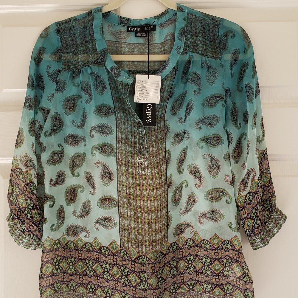Anthropologie Silk Peasant Shirt Green XS